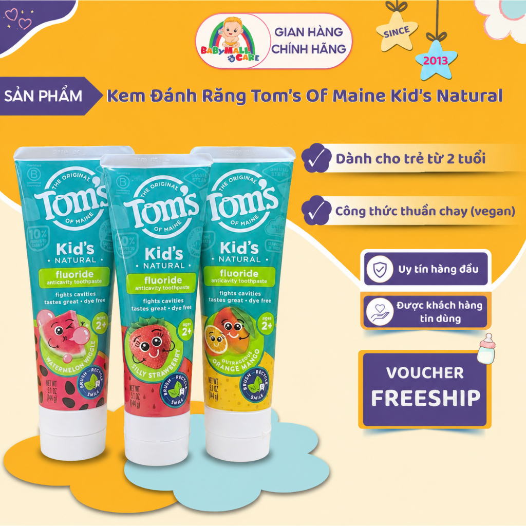 Kem Đánh Răng Tom’s Of Maine Kid’s Natural Fluoride 2+ Babymall & Care 144g Dưa Hấu/Xoài