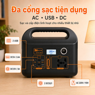 Bộ Lưu Điện Mini 200W Pin LiFePO4 76.8Wh, Đèn LED Bên Hông, 2 USB, AC/DC, Sạc NLMT