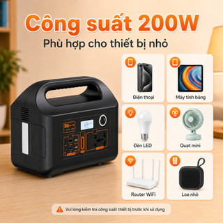 Bộ Lưu Điện Mini 200W Pin LiFePO4 76.8Wh, Đèn LED Bên Hông, 2 USB, AC/DC, Sạc NLMT