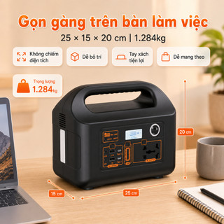 Bộ Lưu Điện Mini 200W Pin LiFePO4 76.8Wh, Đèn LED Bên Hông, 2 USB, AC/DC, Sạc NLMT