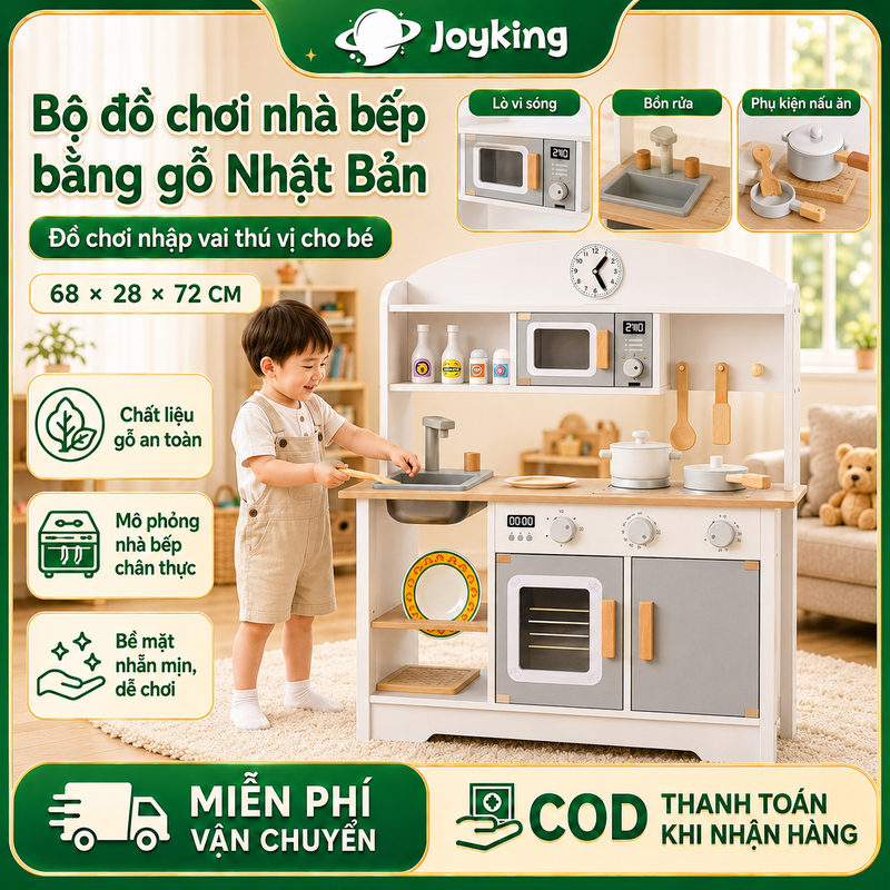 Đồ Chơi Nhà Bếp Bằng Gỗ Kiểu Nhật Cao Cấp - Bộ Đồ Chơi Nấu Ăn Cho Bé Gái An Toàn Giúp Phát Triển Kỹ Năng