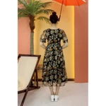 Đầm xòe trung niên cho mẹ - Cổ tròn tay ngắn -  Đen hoa - TTV2079 — ảnh 5