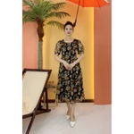 Đầm xòe trung niên cho mẹ - Cổ tròn tay ngắn -  Đen hoa - TTV2079 — ảnh 6