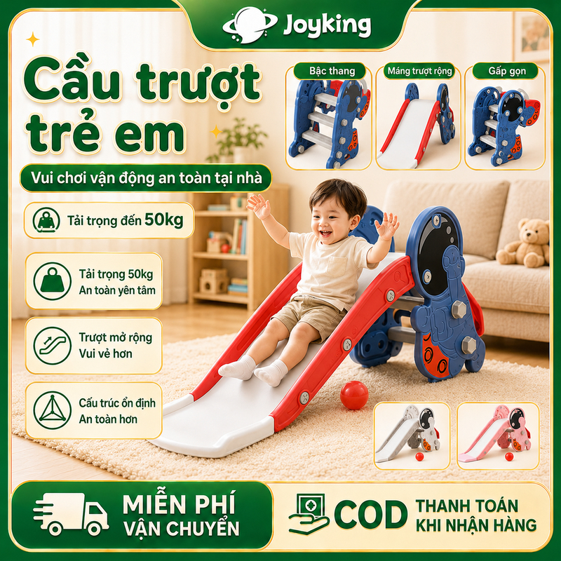 Cầu Trượt Cho Bé - Đồ Chơi Hình Phi Hành Gia Kèm Bóng Rổ Gấp Gọn Trong Nhà Chắc Chắn Chống Trượt An Toàn