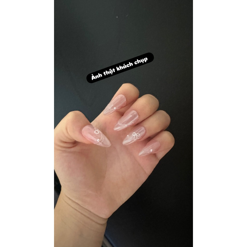 [D01] Móng giả mắt mèo hồng nude đính nơ điệu đà, nailbox tự dán tặng kèm dụng cụ 6 món LEUBOX
