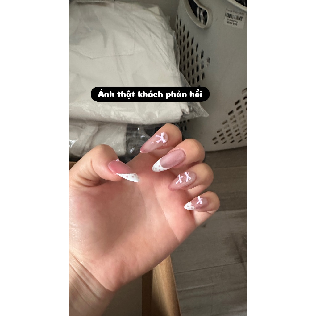 [D03] Móng giả gắn keo, nailbox mắt mèo màu hồng đính nơ chấm dễ thương giá rẻ tự dán tại nhà LEUBOX