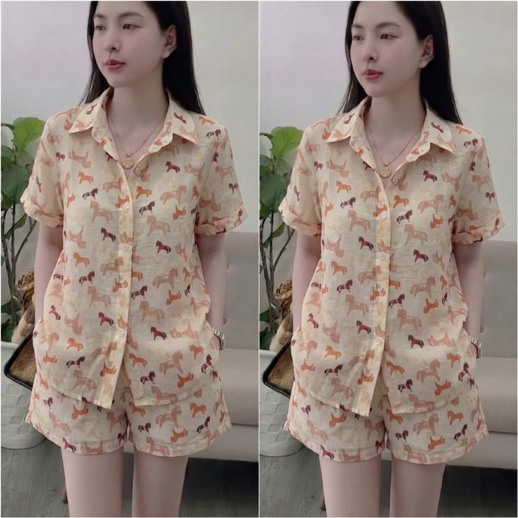 HT42. Sét bộ sơ mi hoa chất tơ hàng đẹp. Sét đi biển đủ size 40-70kg vừa. Chất liệu tơ mềm nhẹ mát hạn chế nhăn