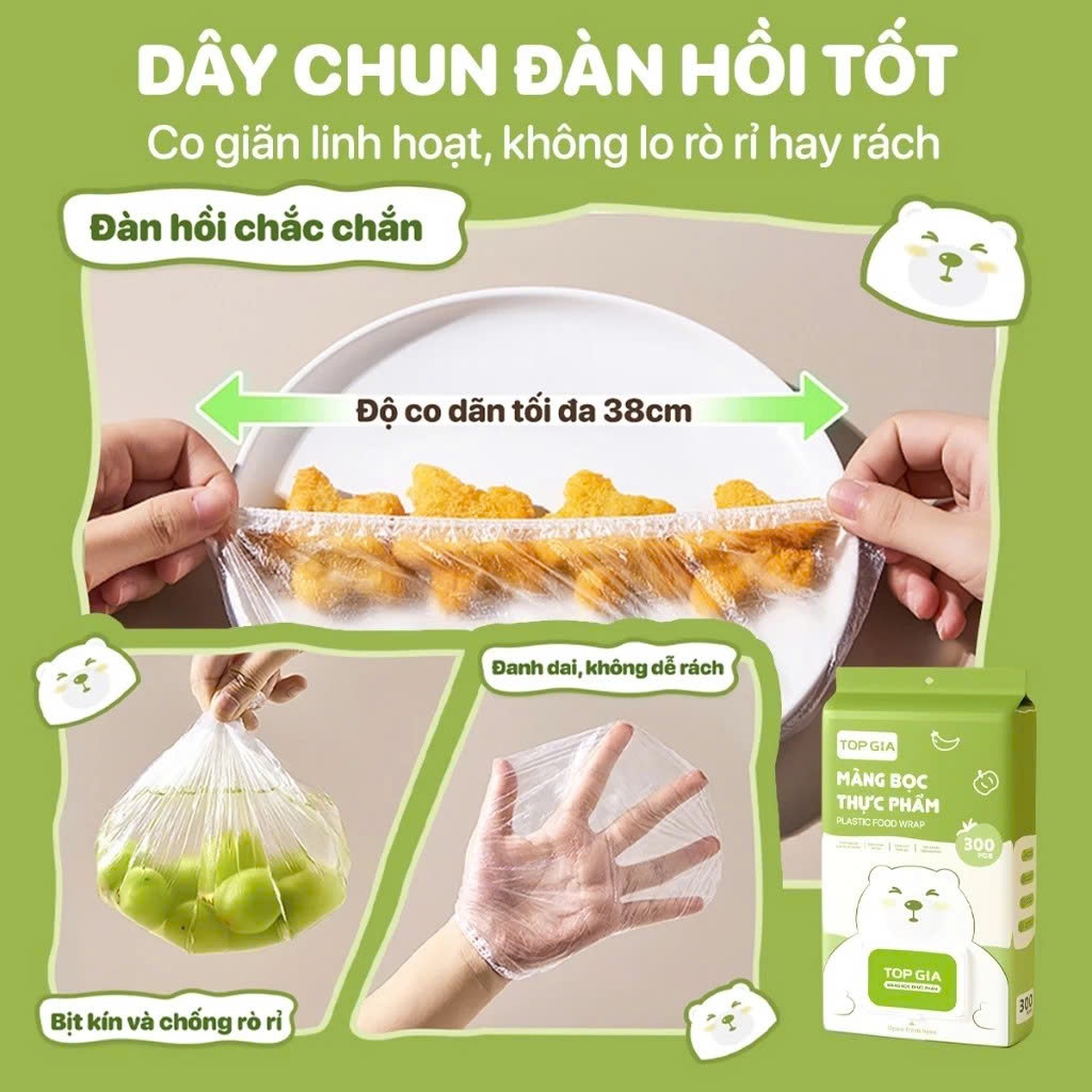 300 Chiếc Màng Bọc Thực Phẩm Topgia, Chất Liệu PE dày dặn co dãn đàn hồi tốt, An toàn treo tường tiện lợi, chống bay mùi
