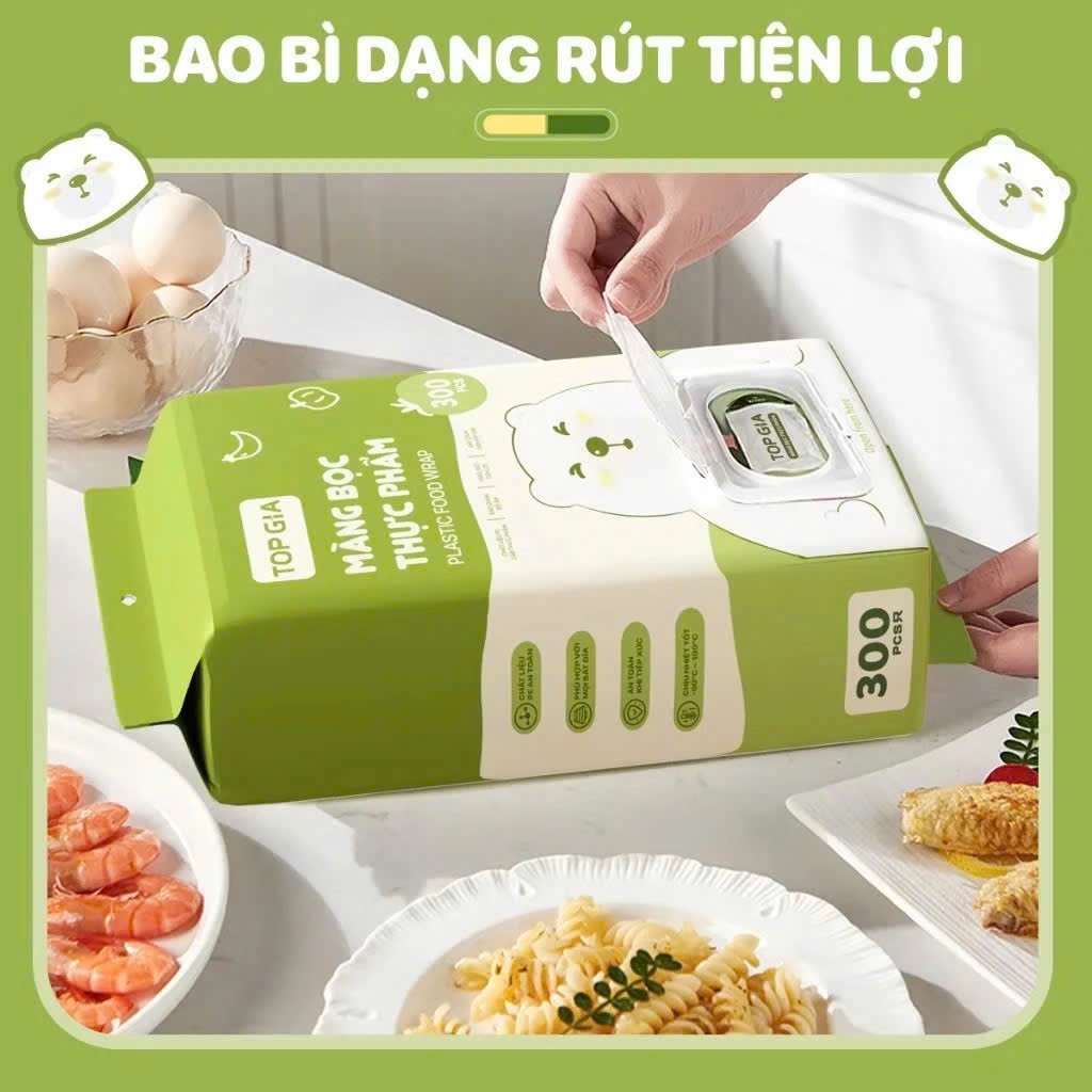 Màng Bọc Thực Phẩm Topgia, Chất Liệu PE dày dặn co dãn đàn hồi tốt, An toàn treo tường tiện lợi, chống bay mùi