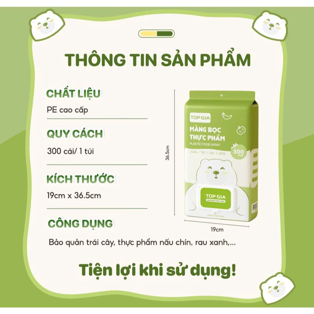 300 Chiếc Màng Bọc Thực Phẩm Topgia, Chất Liệu PE dày dặn co dãn đàn hồi tốt, An toàn treo tường tiện lợi, chống bay mùi