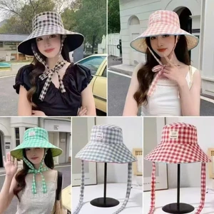 Mũ Bucket Rộng Vành Đội Được 2 Mặt Họa Tiết Caro-Trơn Chống Nắng