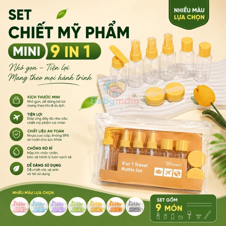 Bộ chiết mỹ phẩm du lịch, công tác. Bộ 9 món. Lọ chiết mỹ phẩm, bộ chiết mỹ phẩm du lịch 9 in 1