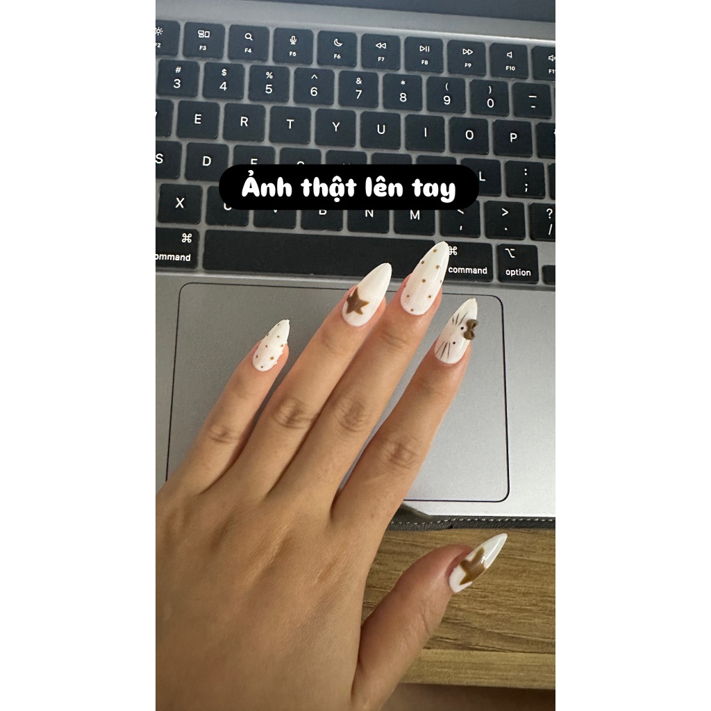 [V03] Móng giả dán sẵn, nail box thiết kế hello kitty màu trắng sữa hoạ tiết chấm bi style cute LEUBOX