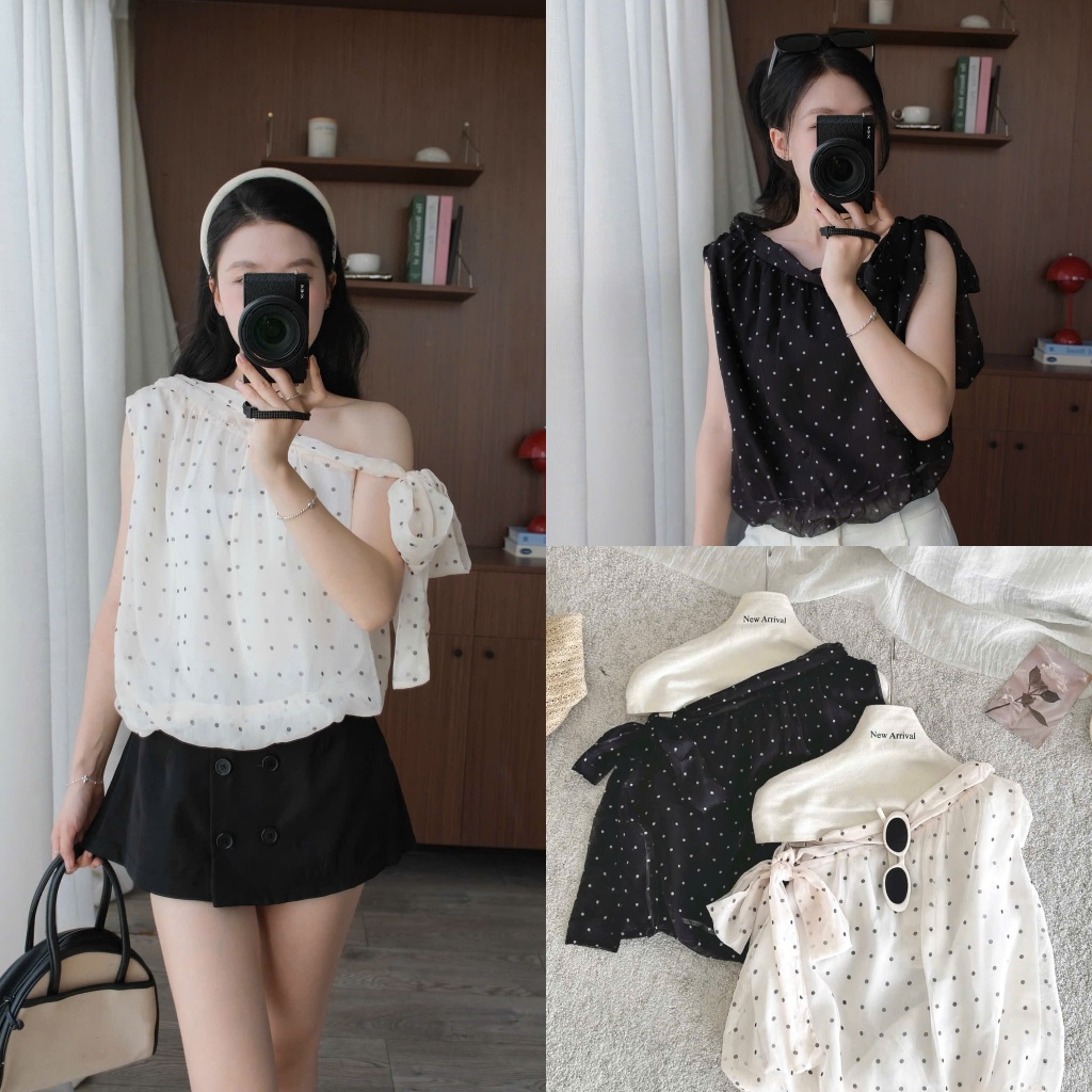 Sophia Top (TSW) Áo voan chấm bi lệch vai buộc nơ tay Nữ the.sweaterweather