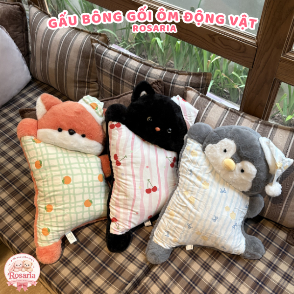 Gấu Bông Gối Ngủ Con Vật Siêu Mềm – Mèo Đen Heo Hồng Cừu Cáo Chim Cánh Cụt Gối Ôm Quà Tặng Dễ Thương