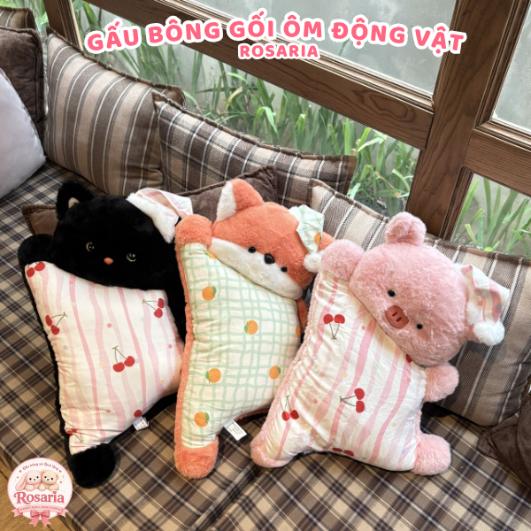 Gấu Bông Gối Ngủ Con Vật Siêu Mềm – Mèo Đen Heo Hồng Cừu Cáo Chim Cánh Cụt Gối Ôm Quà Tặng Dễ Thương