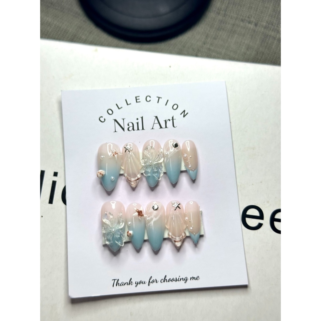 [B02] Nailbox thiết kế mẫu biển mùa hè, móng giả dán sẵn đắp gel nổi hoa vỏ sò form tròn nhọn LEUBOX