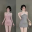 Đầm yếm dây viền trắng ngắn , ôm body in hình ,chất thun tăm có mút
