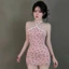 Đầm yếm dây viền trắng ngắn , ôm body in hình ,chất thun tăm có mút