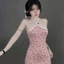 Đầm yếm dây viền trắng ngắn , ôm body in hình ,chất thun tăm có mút
