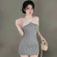 Đầm yếm dây viền trắng ngắn , ôm body in hình ,chất thun tăm có mút