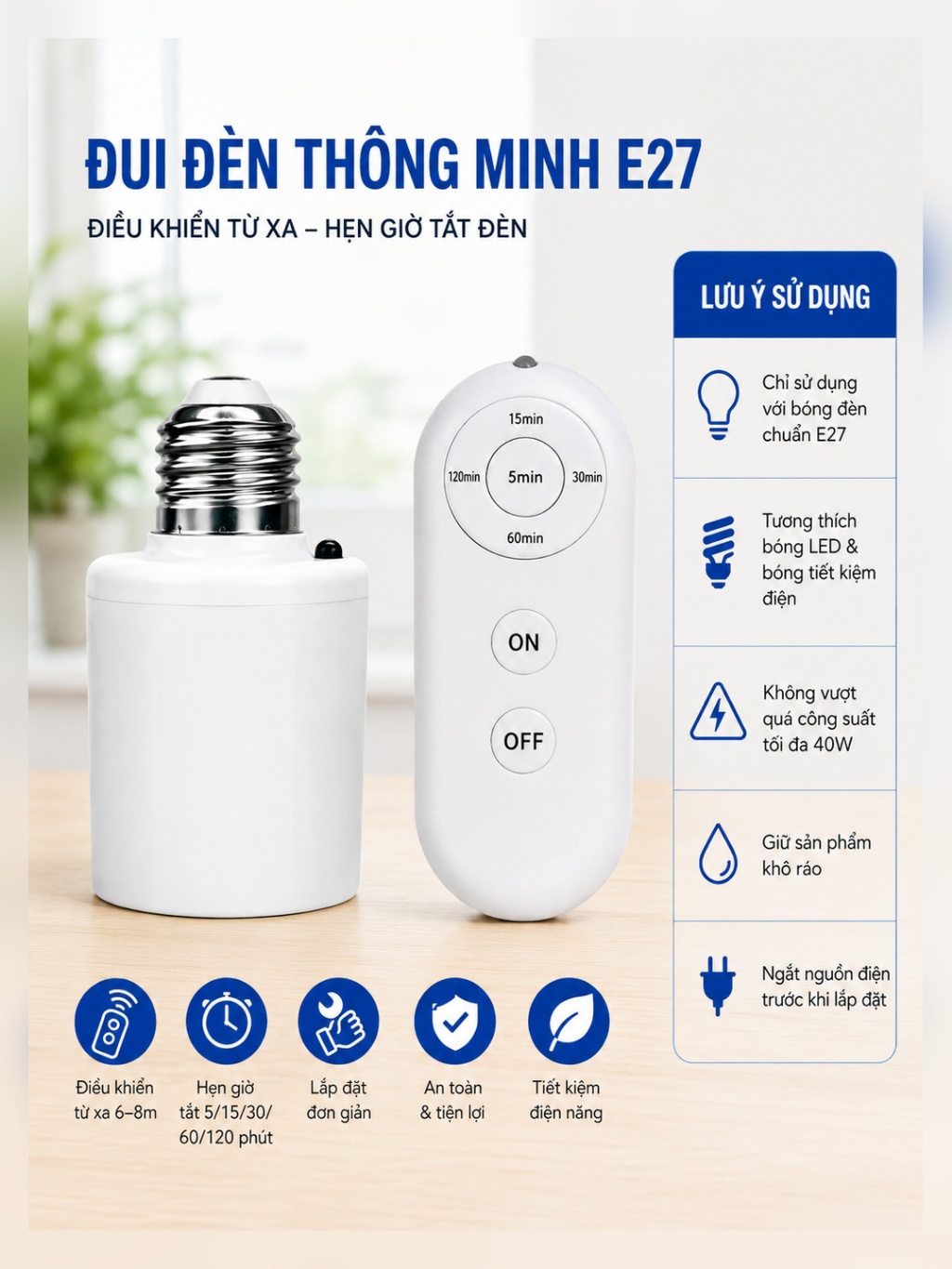 Đui Đèn Thông Minh E27 – Điều Khiển Từ Xa, Hẹn Giờ Tắt Đèn, Kèm Remote Có Pin K64 - ảnh 3