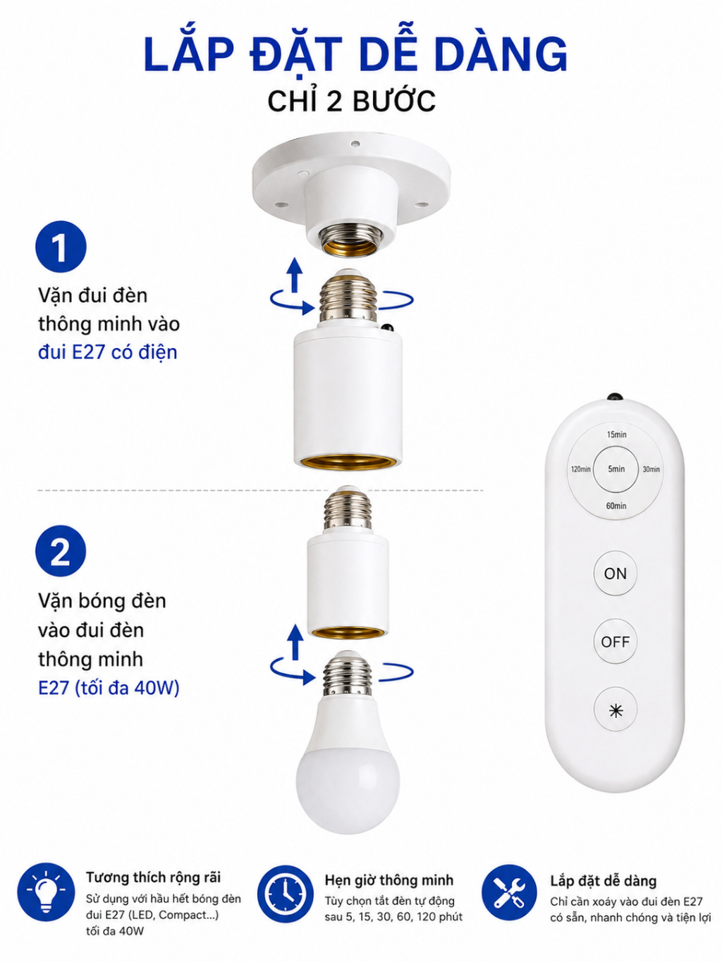 Đui Đèn Thông Minh E27 – Điều Khiển Từ Xa, Hẹn Giờ Tắt Đèn, Kèm Remote Có Pin K64 - ảnh 2