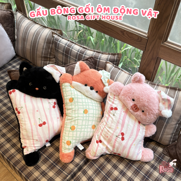Gấu Bông Gối Ngủ Động Vật Siêu Mềm – Mèo Đen Heo Hồng Cừu Cáo Chim Cánh Cụt Gối Ôm Decor Quà Tặng Dễ Thương