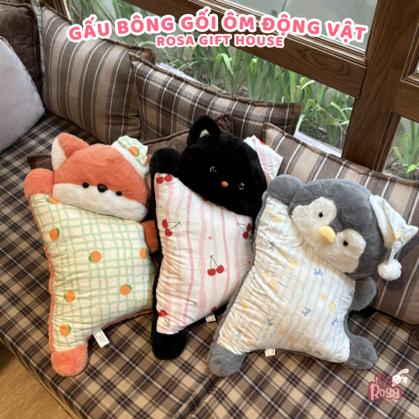Gấu Bông Gối Ngủ Động Vật Siêu Mềm – Mèo Đen Heo Hồng Cừu Cáo Chim Cánh Cụt Gối Ôm Decor Quà Tặng Dễ Thương