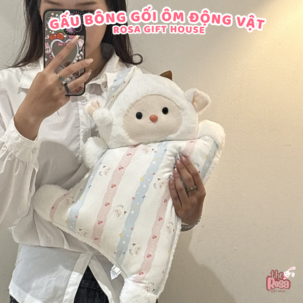 Gấu Bông Gối Ngủ Động Vật Siêu Mềm – Mèo Đen Heo Hồng Cừu Cáo Chim Cánh Cụt Gối Ôm Decor Quà Tặng Dễ Thương