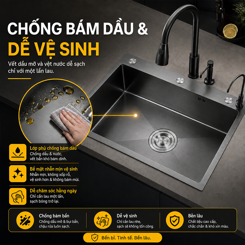 Chậu Rửa Bát 1 Hố Inox 304 Bồn Rửa chén 1 Ngăn Lớn Kèm Vòi Lọc Nước,Chậu chống trầy xước kèm chậu nhỏ và ống siphon