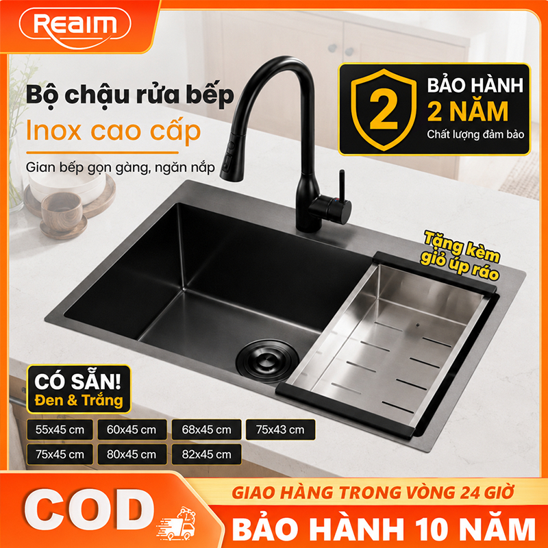 Chậu Rửa Bát 1 Hố Inox 304 Bồn Rửa chén 1 Ngăn Lớn Kèm Vòi Lọc Nước,Chậu chống trầy xước kèm chậu nhỏ và ống siphon