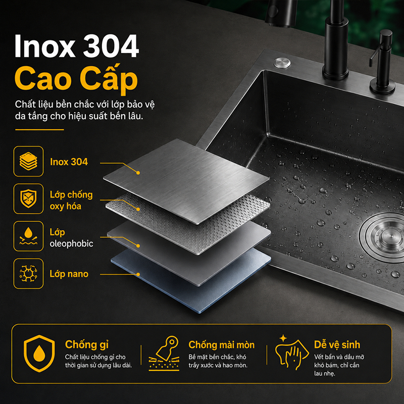 Chậu Rửa Bát 1 Hố Inox 304 Bồn Rửa chén 1 Ngăn Lớn Kèm Vòi Lọc Nước,Chậu chống trầy xước kèm chậu nhỏ và ống siphon