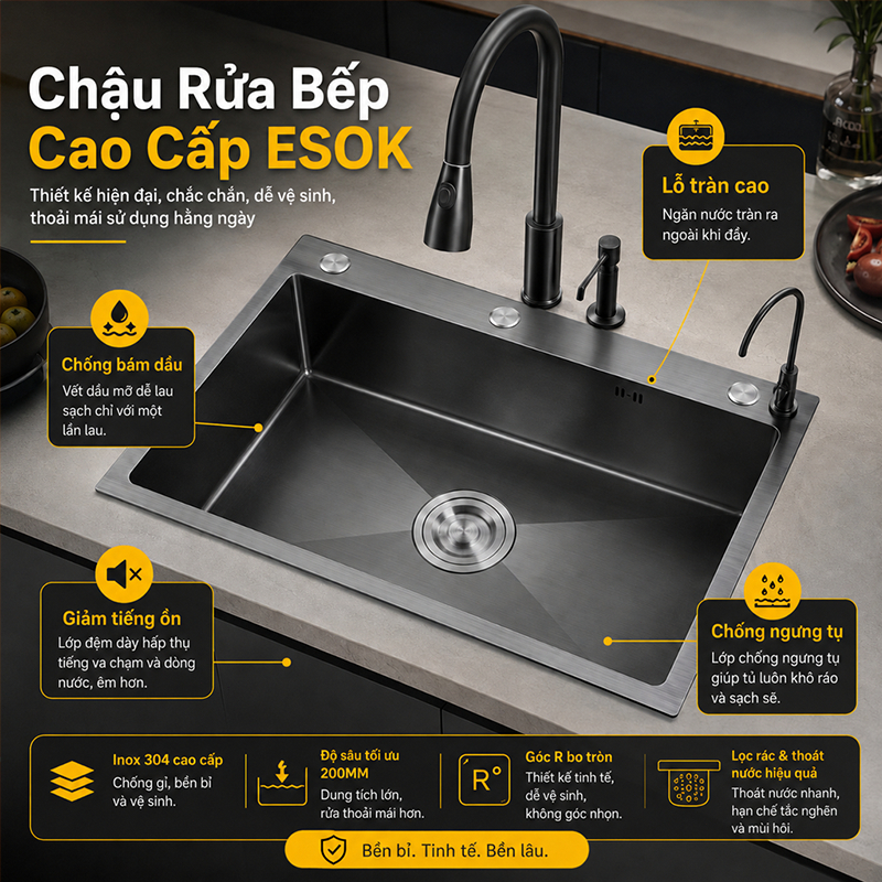 Chậu Rửa Bát 1 Hố Inox 304 Bồn Rửa chén 1 Ngăn Lớn Kèm Vòi Lọc Nước,Chậu chống trầy xước kèm chậu nhỏ và ống siphon
