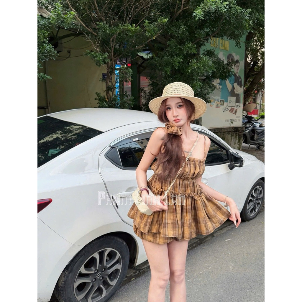 Set bộ kẻ áo 2 dây mix chân bí bồng kèm dây buộc tóc siu xinh