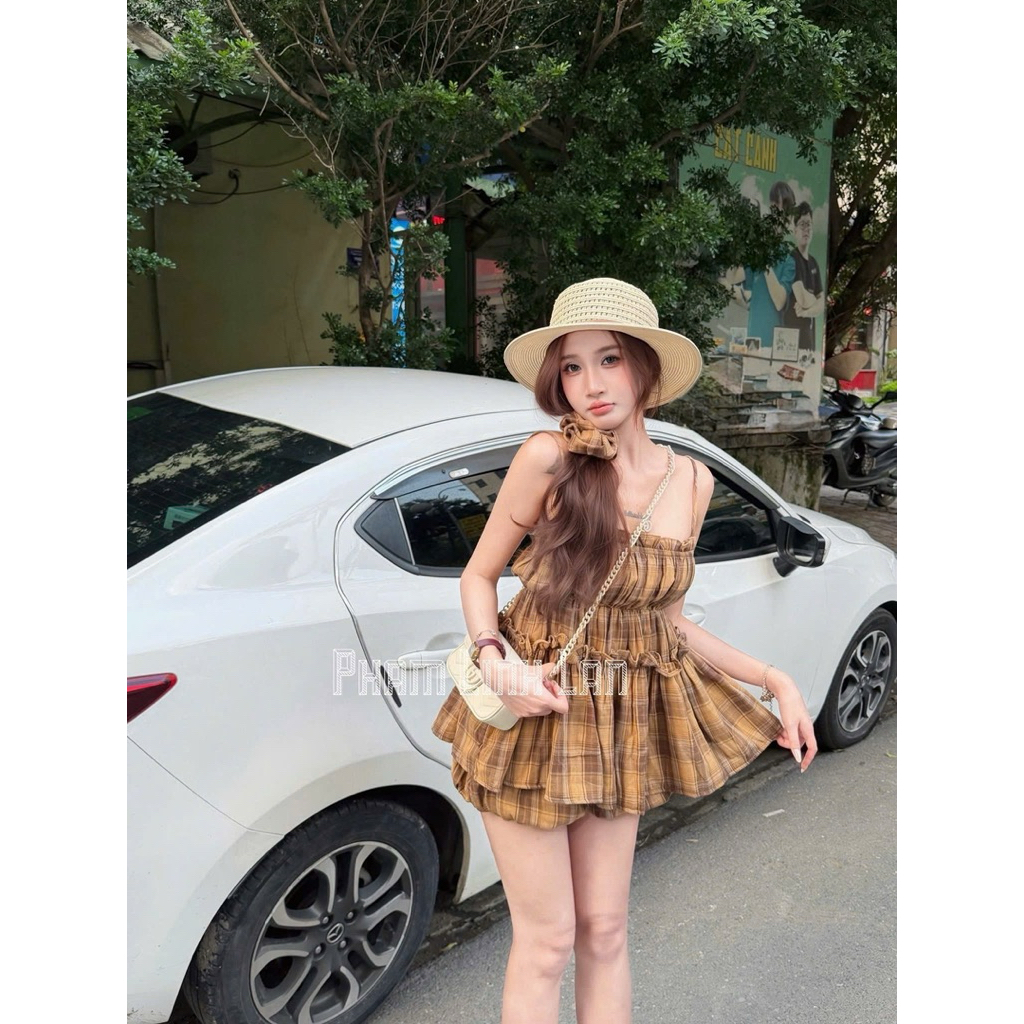 Set bộ kẻ áo 2 dây mix chân bí bồng kèm dây buộc tóc siu xinh