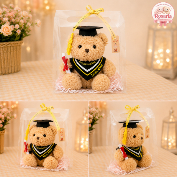 Set Quà Tặng Gấu Teddy Tốt Nghiệp 23cm Khăn Vàng Thêu Tên Theo Yêu Cầu Kèm Túi Quà Thiệp Chúc Mừng Trang Trí