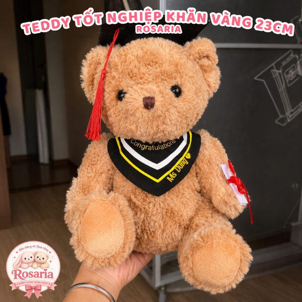 Set Quà Tặng Gấu Teddy Tốt Nghiệp 23cm Khăn Vàng Thêu Tên Theo Yêu Cầu Kèm Túi Quà Thiệp Chúc Mừng Trang Trí
