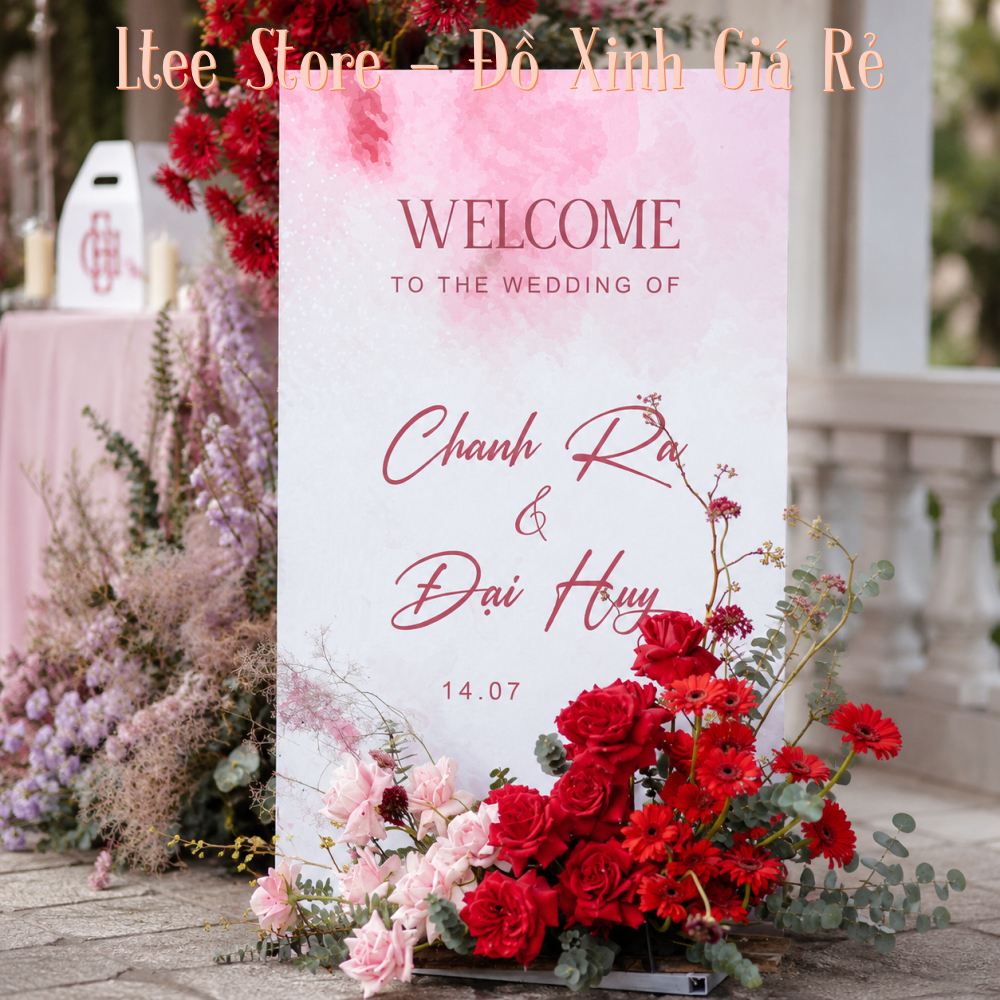 Bảng Welcome Đám Cưới Hồng Pastel | Standee Chào Khách Wedding | Thiết Kế & In Theo Yêu Cầu