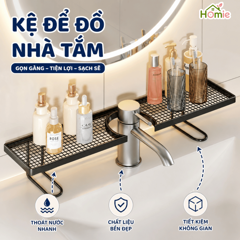 Kệ Để Đồ Bồn Rửa Mặt Nhà Tắm HOMIE,Giá Để Mỹ Phẩm, Kệ Bồn Rửa Bát Thép Chống Gỉ Rãnh Chữ U Tiện Dụng