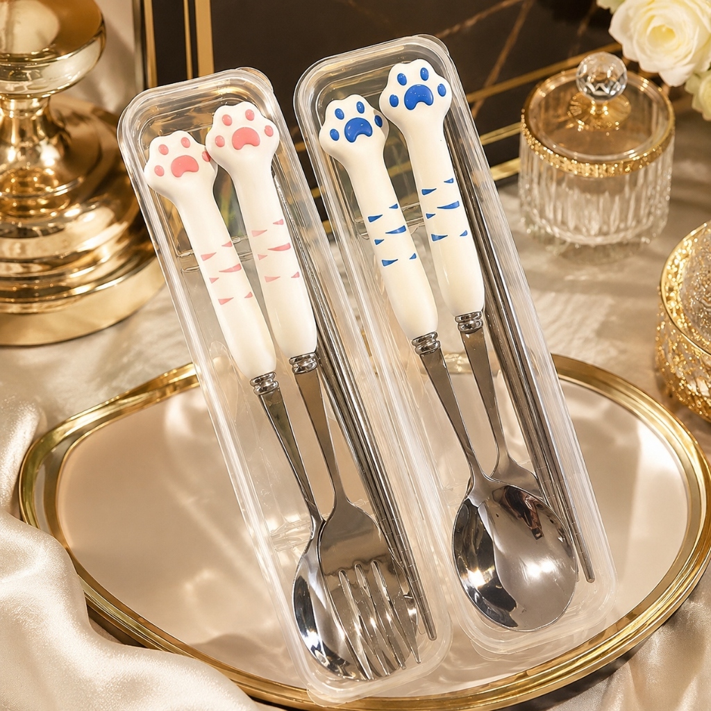 Bộ 3 Món Thìa Đũa Nĩa Inox Cán Hình Chân Mèo Cute Tay Giả Sứ - Bộ Đồ Ăn Dễ Thương Cá Nhân Cho Bé Văn Phòng Có Hộp