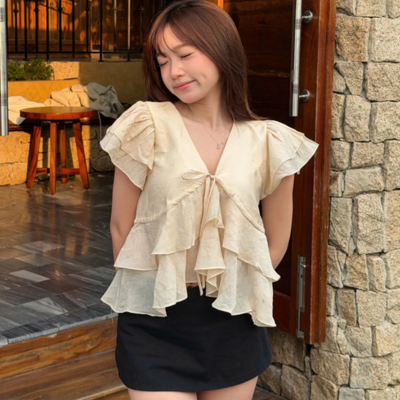 Áo Babydoll Kiểu Nữ Tay Phồng Nhiều Tầng Xoè Đuôi Cá Cổ V Đi Biển Mùa Hè Kimee | BigBuy360 - bigbuy360.vn