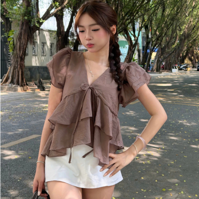 Áo Babydoll Kiểu Nữ Tay Phồng Nhiều Tầng Xoè Đuôi Cá Cổ V Đi Biển Mùa Hè Kimee | BigBuy360 - bigbuy360.vn