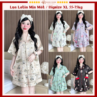 Bộ đồ ngủ pijama nữ bigsize 55-75kg đùi ngắn tay cộc kèm cột tóc lụa lạnh latin mịn mát 75CC05 mặc nhà dễ thương cute