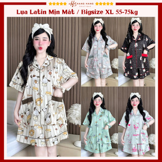 Bộ đồ ngủ pijama nữ bigsize 55-75kg đùi ngắn tay cộc kèm cột tóc lụa lạnh latin mịn mát 75CC05 mặc nhà dễ thương cute