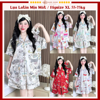 Bộ đồ ngủ pijama nữ bigsize 55-75kg đùi ngắn tay cộc kèm cột tóc lụa lạnh latin mịn mát 75CC05 mặc nhà dễ thương cute