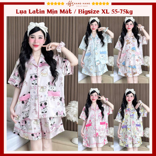 Bộ đồ ngủ pijama nữ bigsize 55-75kg đùi ngắn tay cộc kèm cột tóc lụa lạnh latin mịn mát 75CC05 mặc nhà dễ thương cute