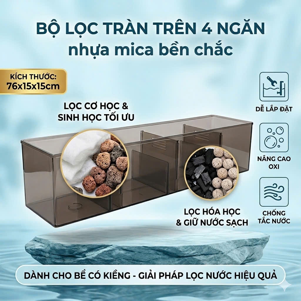 Combo Lọc Tràn Nhựa 76x15x15cm Kèm Vật Lọc Nước Bể Cá Cảnh, Chưa Kèm Bơm (Lọc Cứng Cáp, Chắc Chắn)