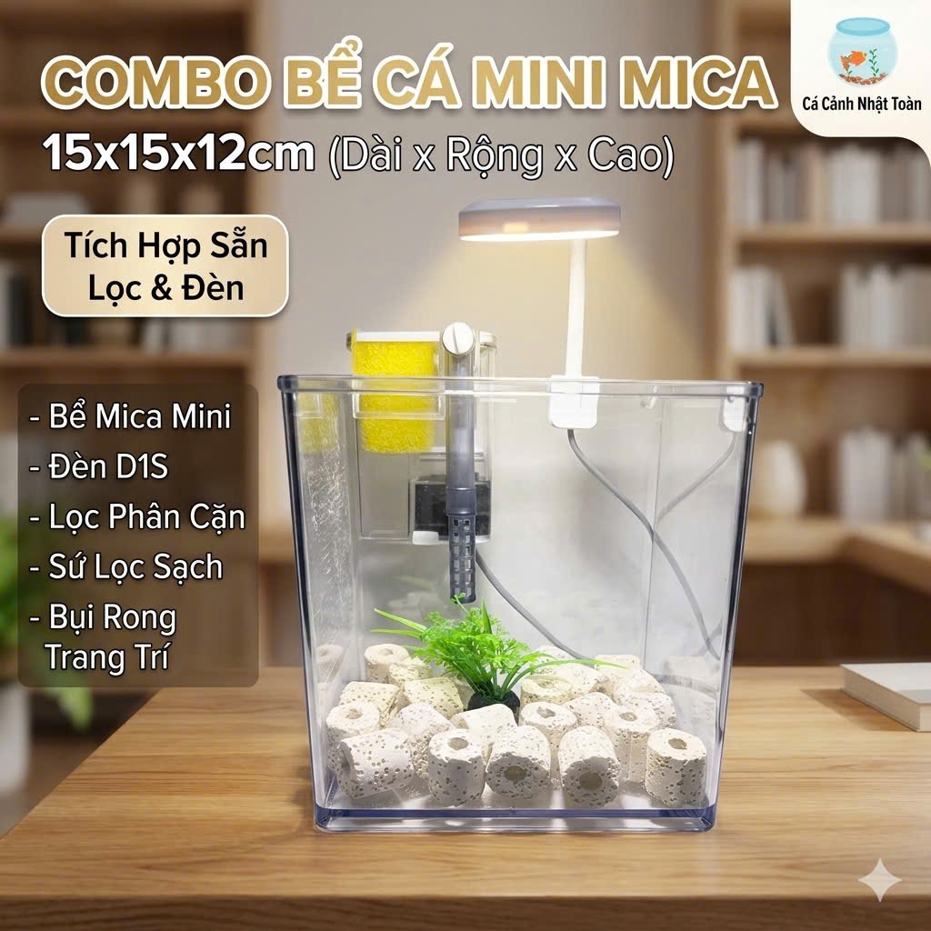 Combo Bể Cá Mini Mica Gồm (Bể, Lọc, Đèn, Phụ Kiện Trang Trí) ( D15cm x R15cm x C12cm)