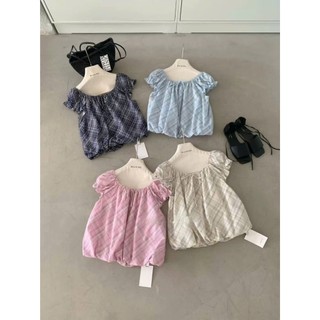 Áo bí cổ thuyền tay bồng họa tiết kẻ sọc Caro tay bèo nhún chun phồng hàng Quảng Châu.